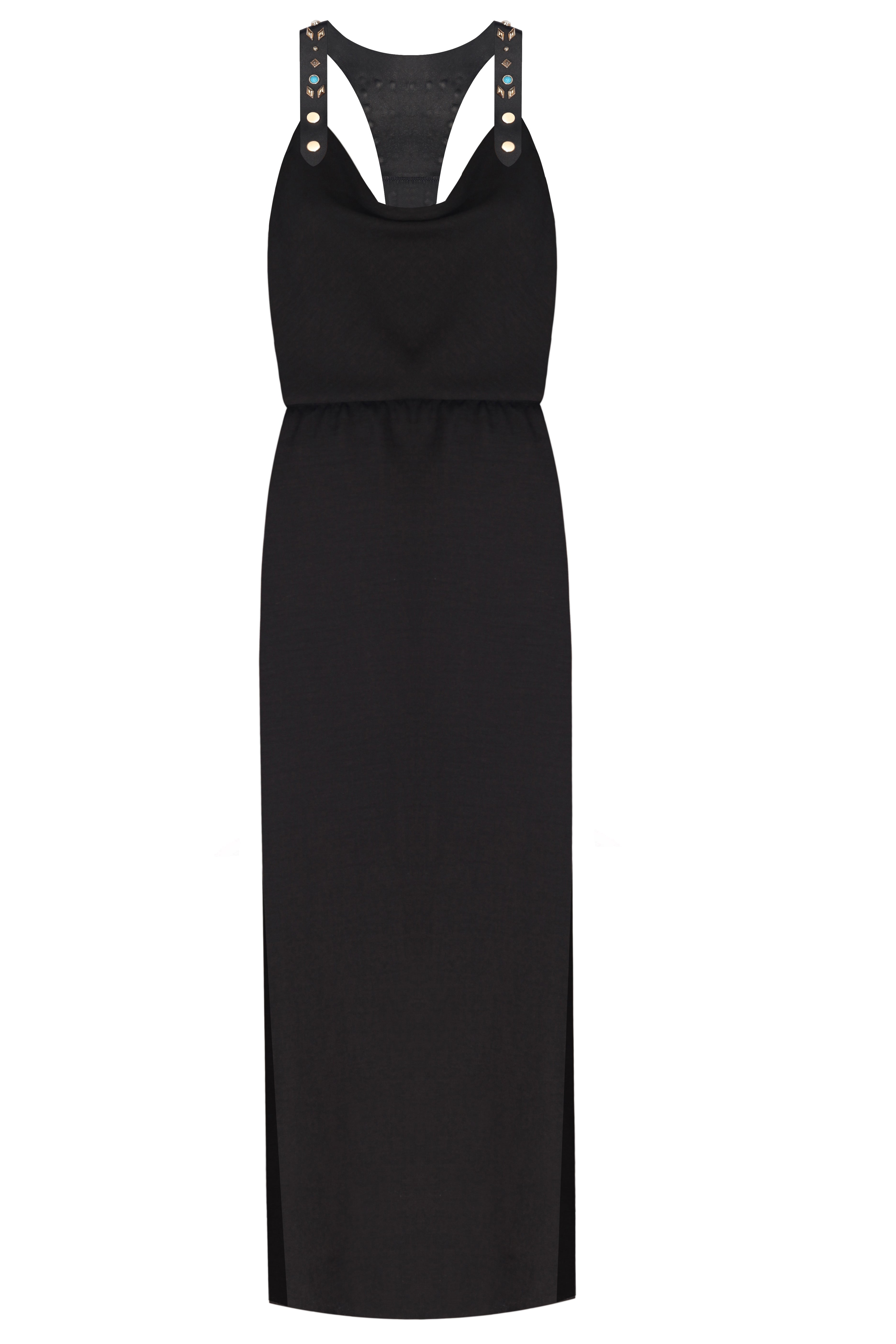 Trok İşlemeli Deri Askılı Maxi Elbise