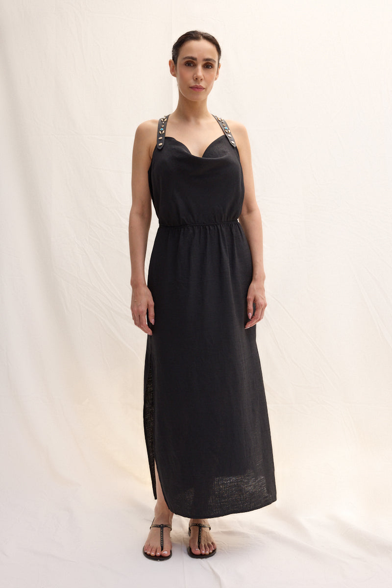 Trok İşlemeli Deri Askılı Maxi Elbise