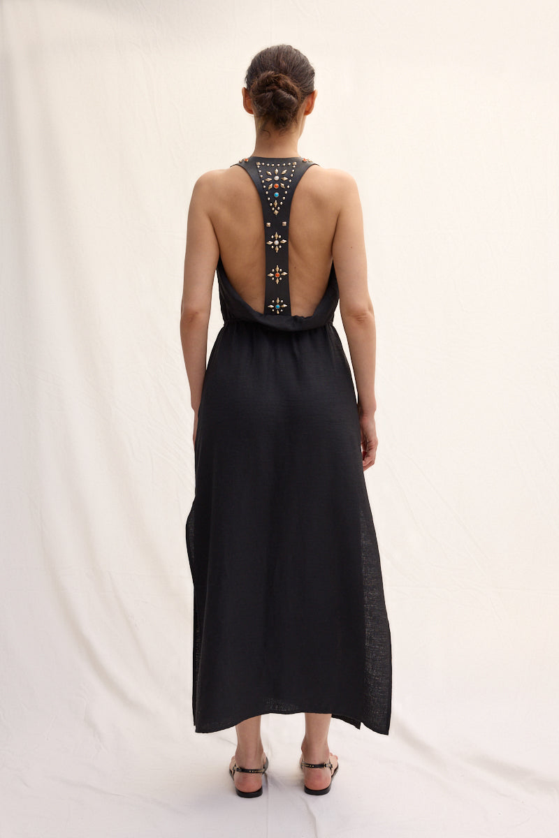 Trok İşlemeli Deri Askılı Maxi Elbise