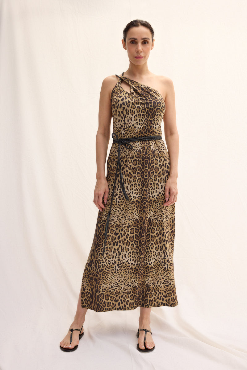 Tek Omuz El Örgüsü Deri Askılı Maxi Elbise