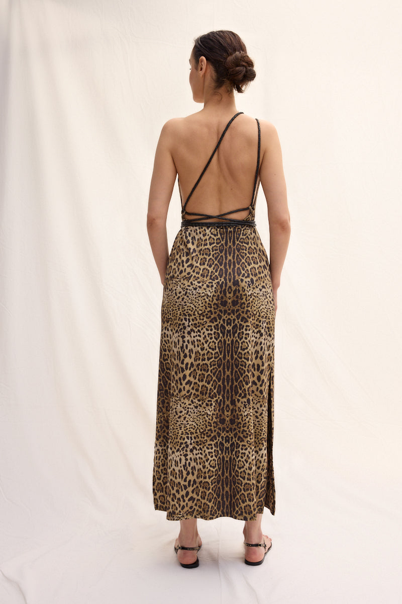 Tek Omuz El Örgüsü Deri Askılı Maxi Elbise