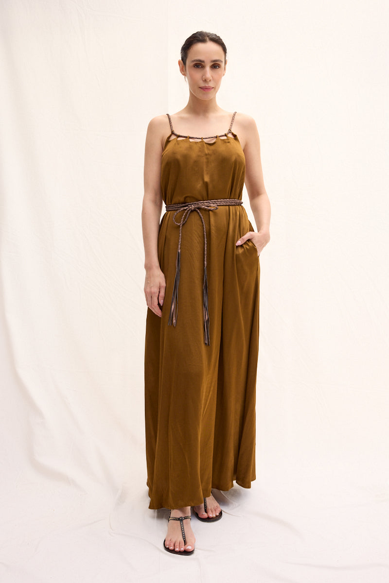 El Örgüsü Deri Askılı Maxi Elbise