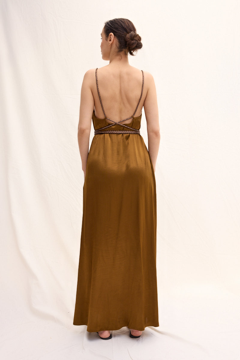 El Örgüsü Deri Askılı Maxi Elbise