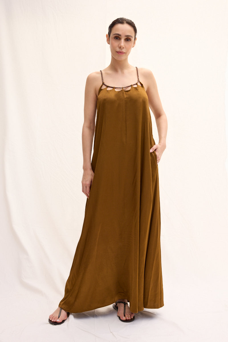 El Örgüsü Deri Askılı Maxi Elbise