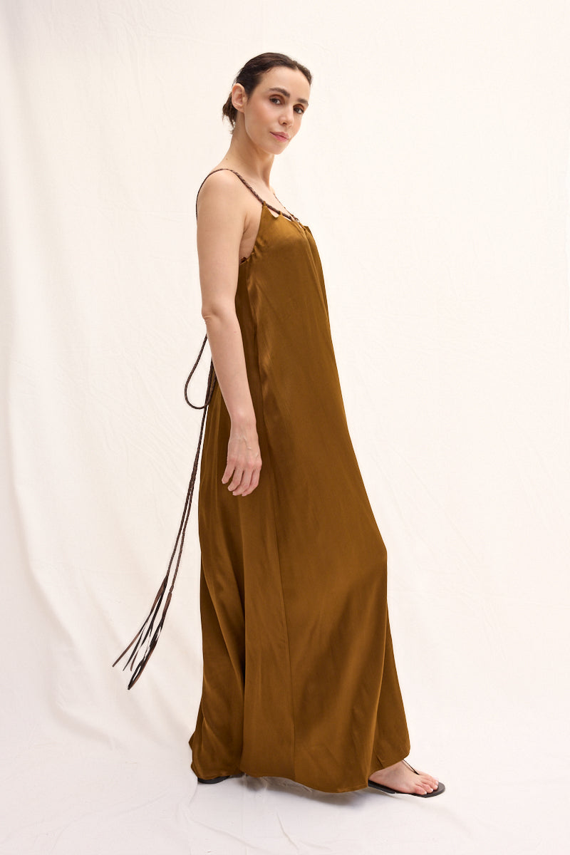 El Örgüsü Deri Askılı Maxi Elbise