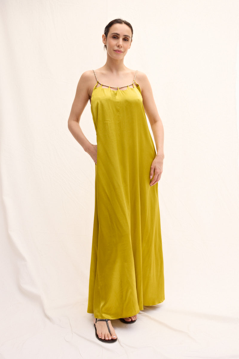 El Örgüsü Deri Askılı Maxi Elbise