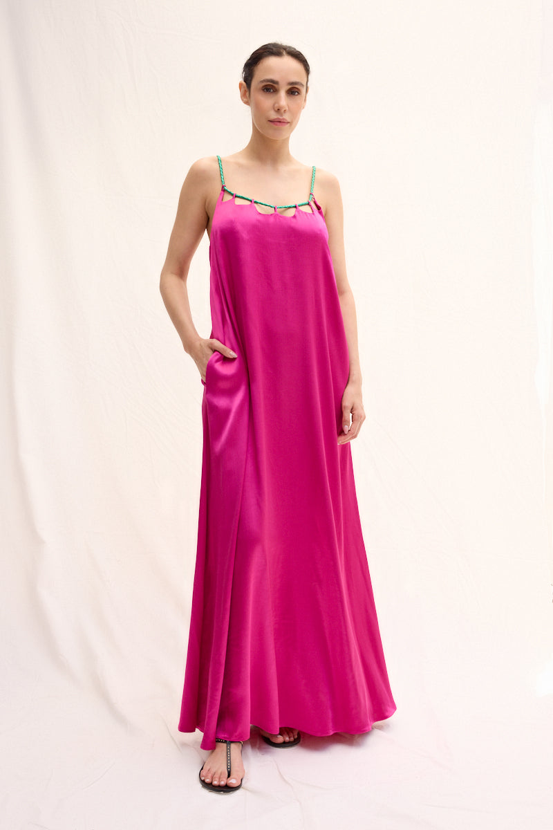 El Örgüsü Deri Askılı Maxi Elbise