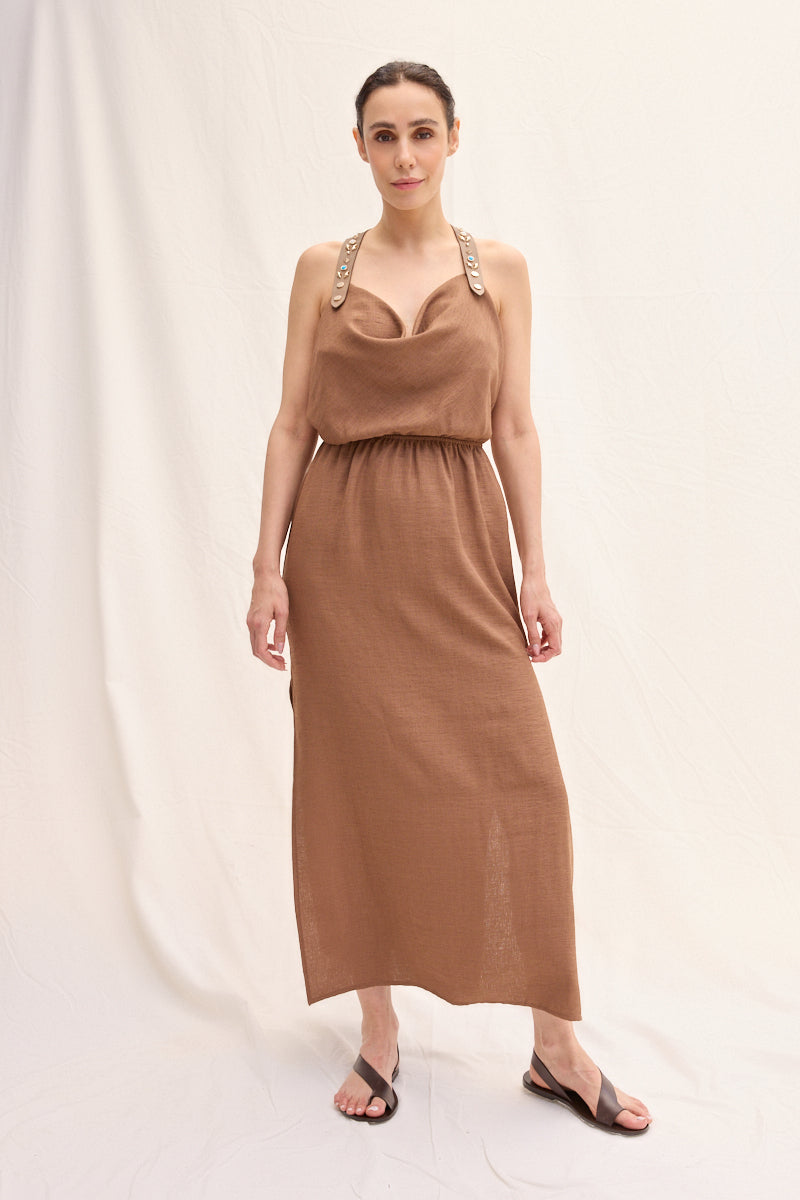 Trok İşlemeli Deri Askılı Maxi Elbise