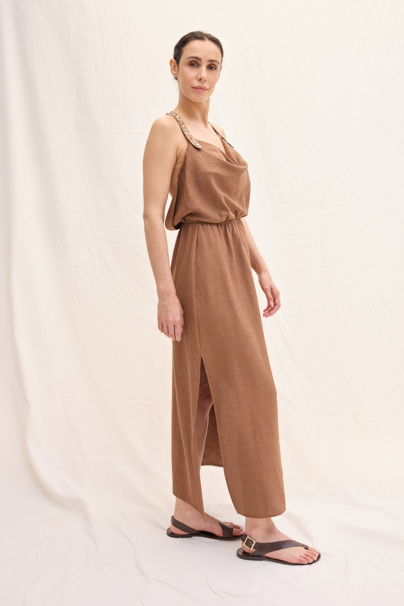 Trok İşlemeli Deri Askılı Maxi Elbise