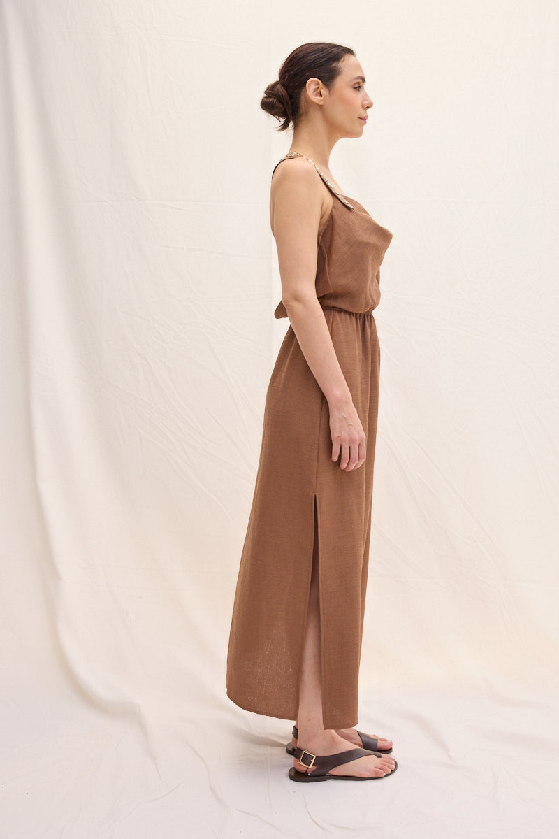 Trok İşlemeli Deri Askılı Maxi Elbise