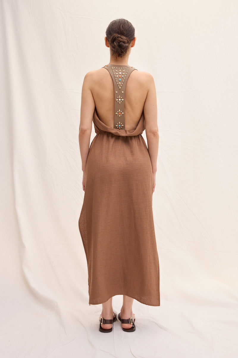 Trok İşlemeli Deri Askılı Maxi Elbise