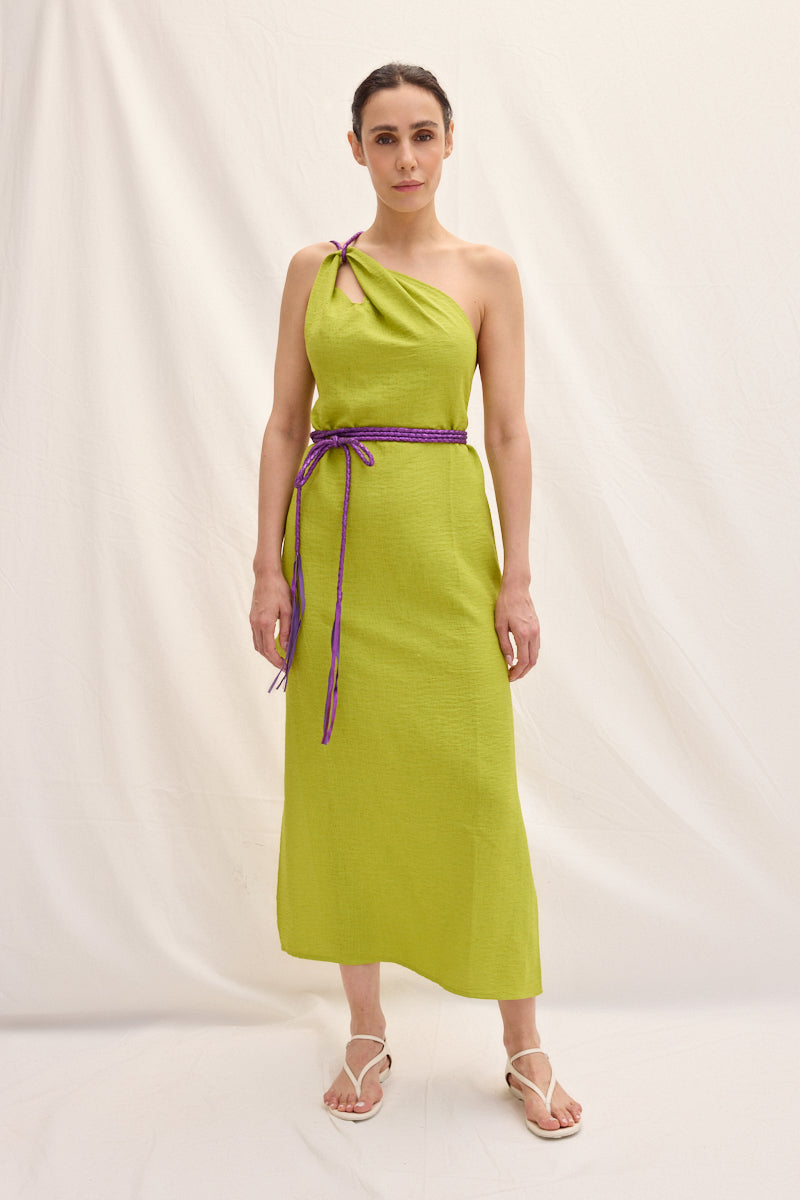 Tek Omuz El Örgüsü Deri Askılı Maxi Elbise