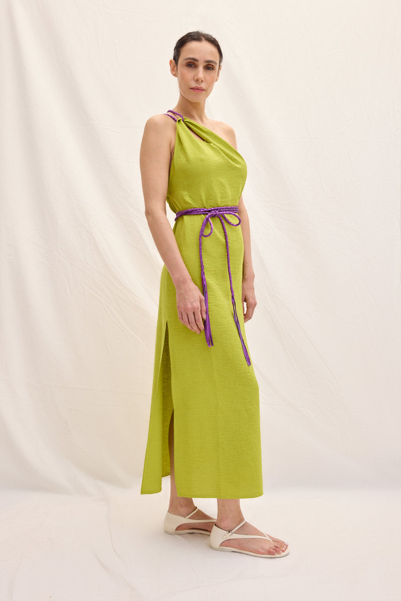 Tek Omuz El Örgüsü Deri Askılı Maxi Elbise