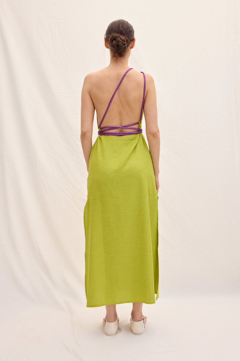 Tek Omuz El Örgüsü Deri Askılı Maxi Elbise