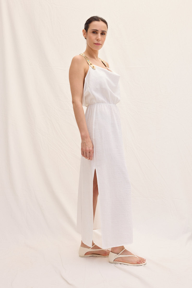 Trok İşlemeli Deri Askılı Maxi Elbise