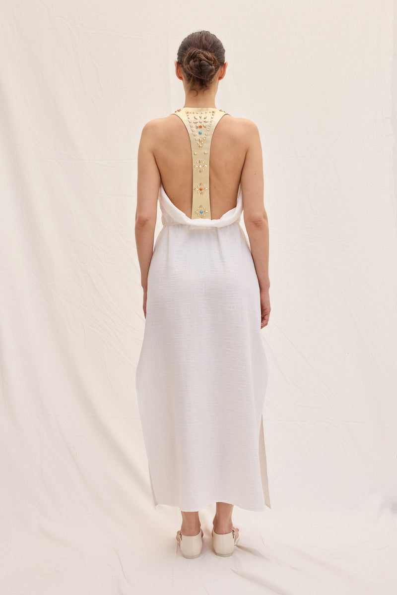 Trok İşlemeli Deri Askılı Maxi Elbise