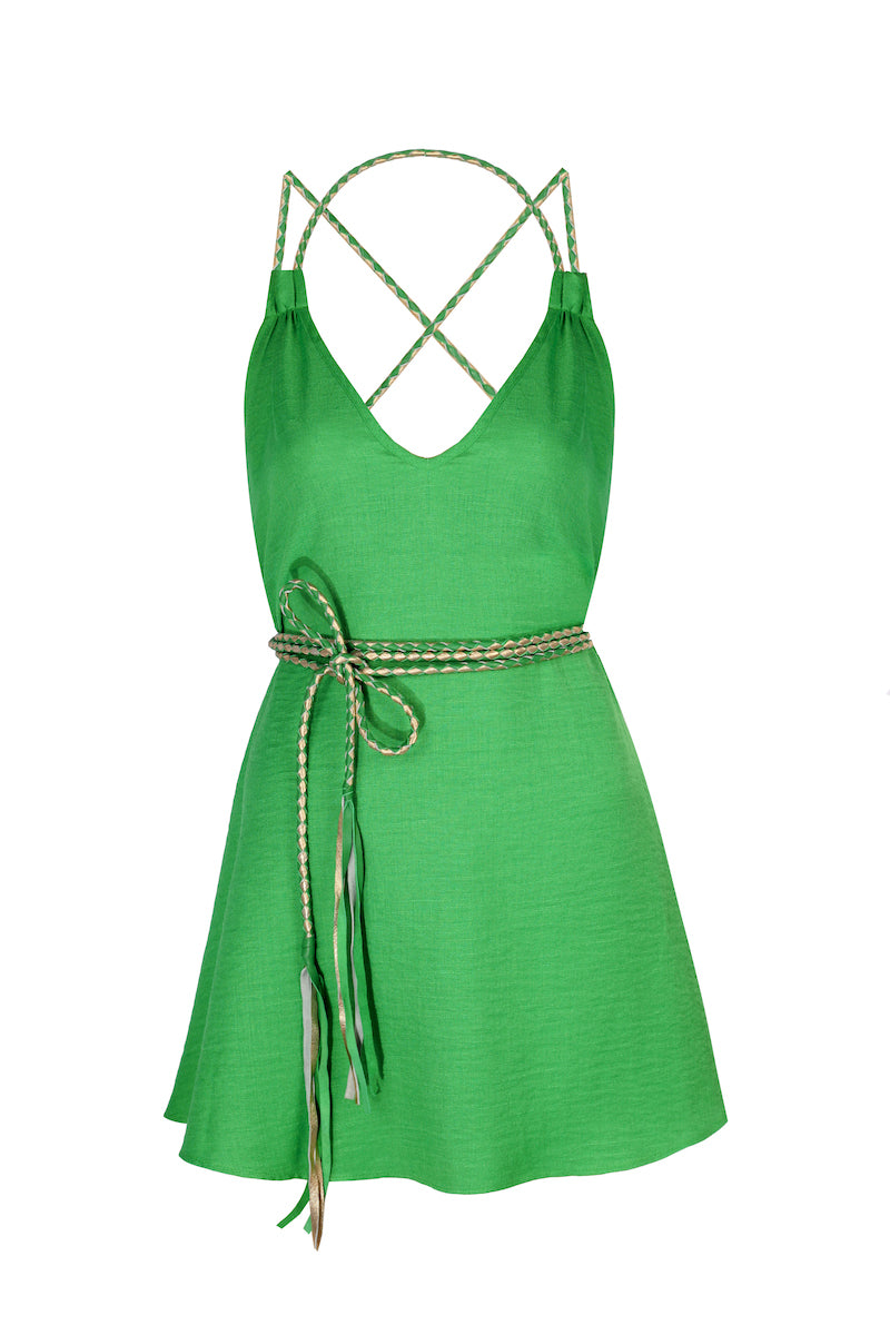 El Örgüsü Deri Askılı Mini Elbise