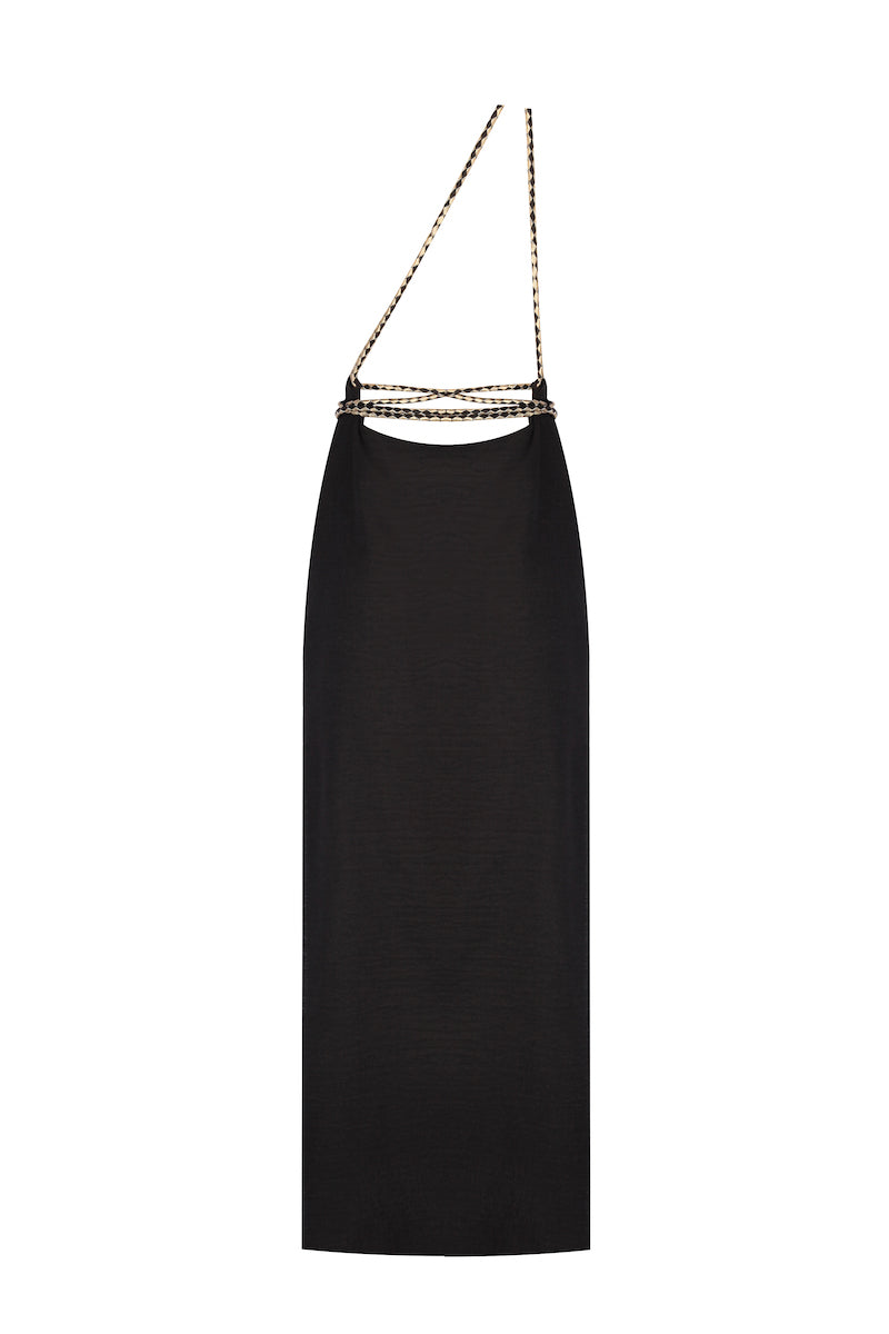 Tek Omuz El Örgüsü Deri Askılı Maxi Elbise