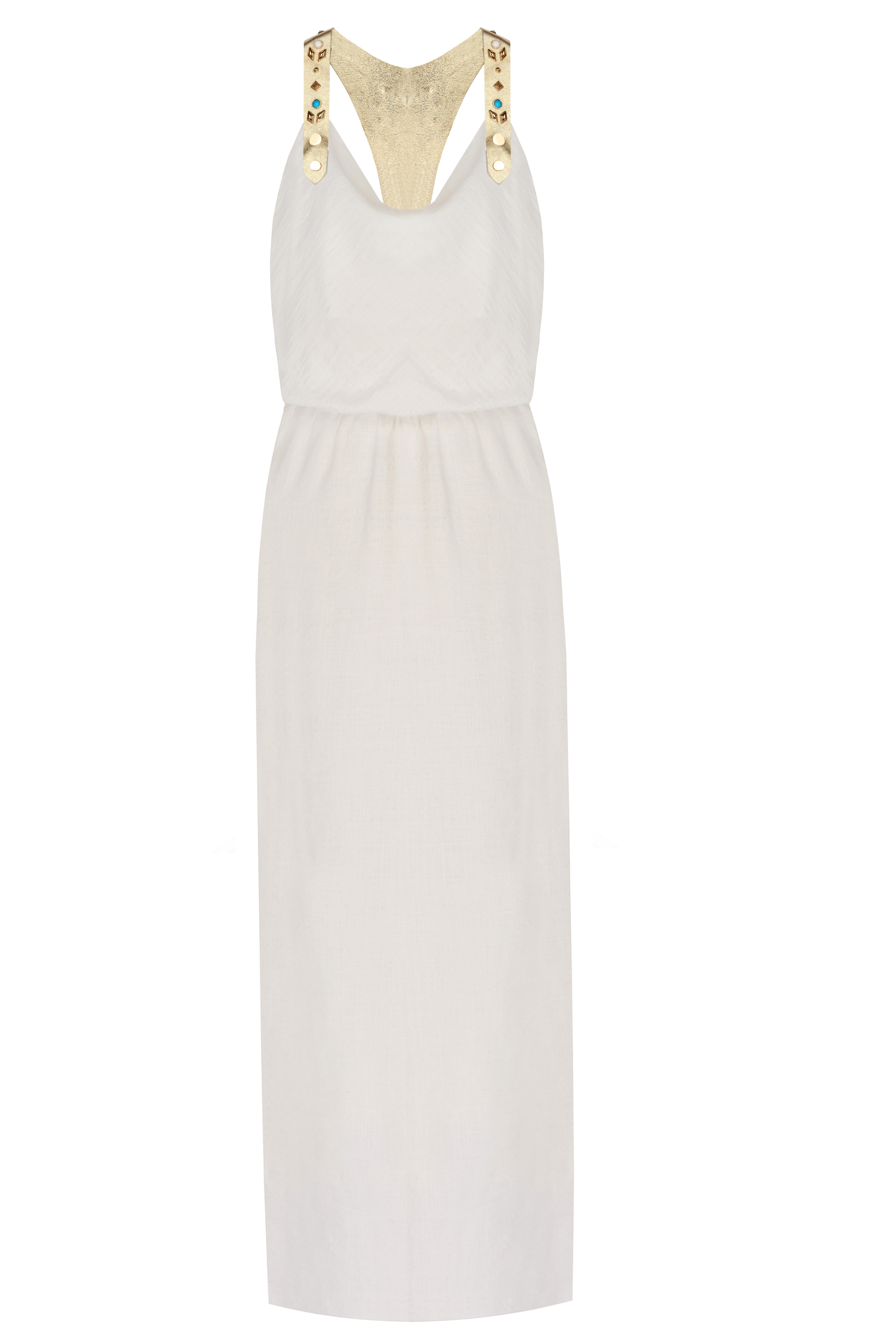 Trok İşlemeli Deri Askılı Maxi Elbise