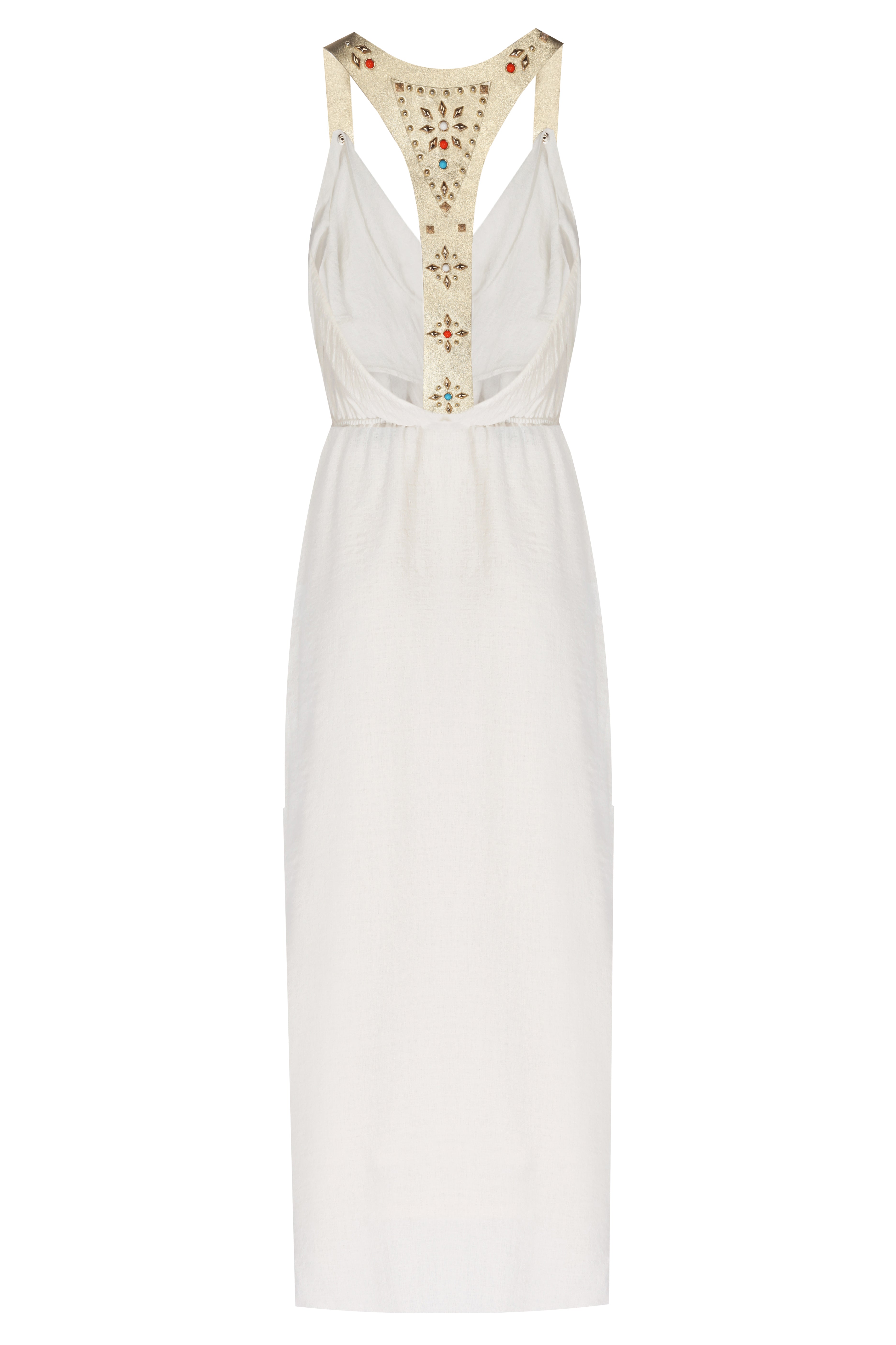 Trok İşlemeli Deri Askılı Maxi Elbise