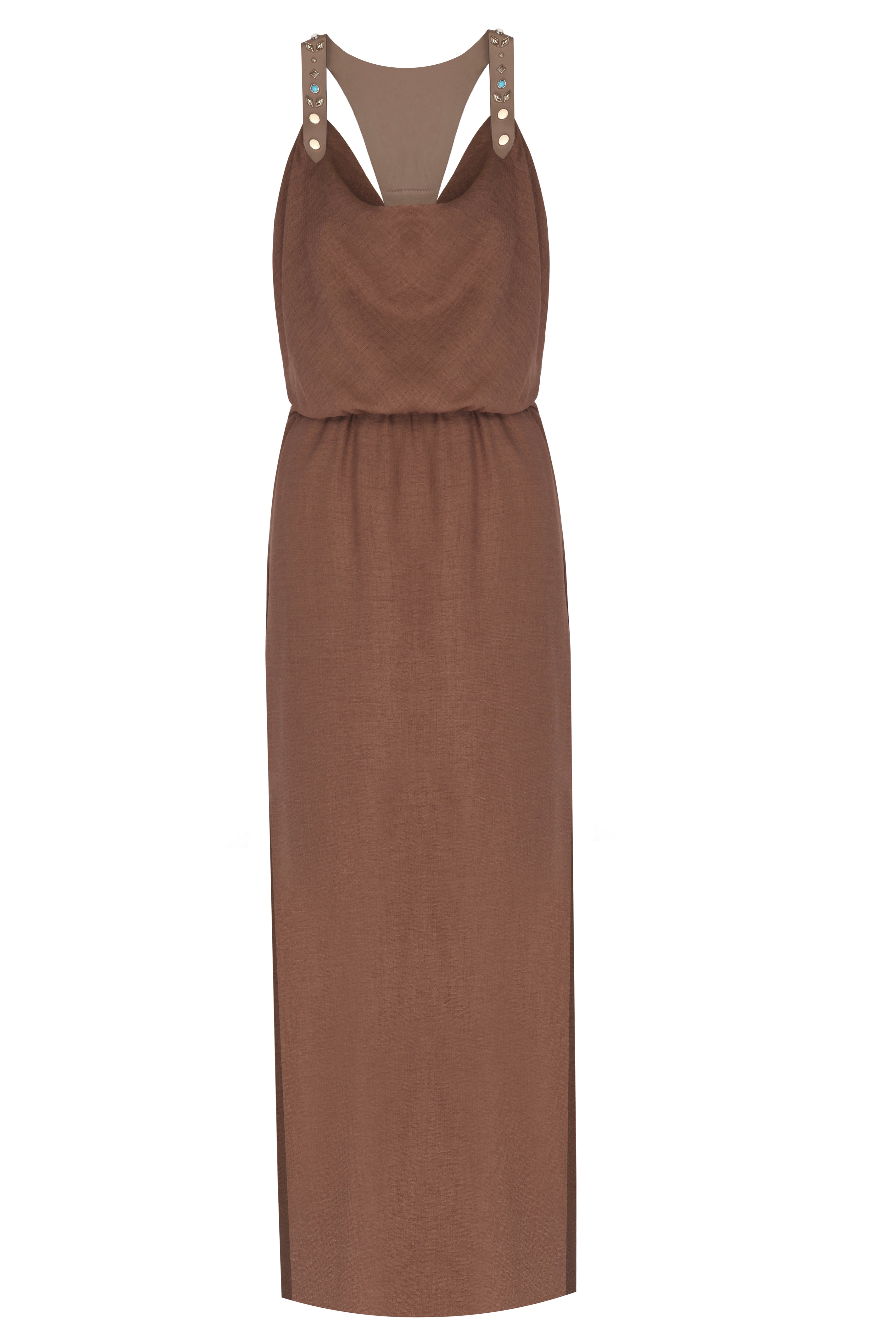 Trok İşlemeli Deri Askılı Maxi Elbise