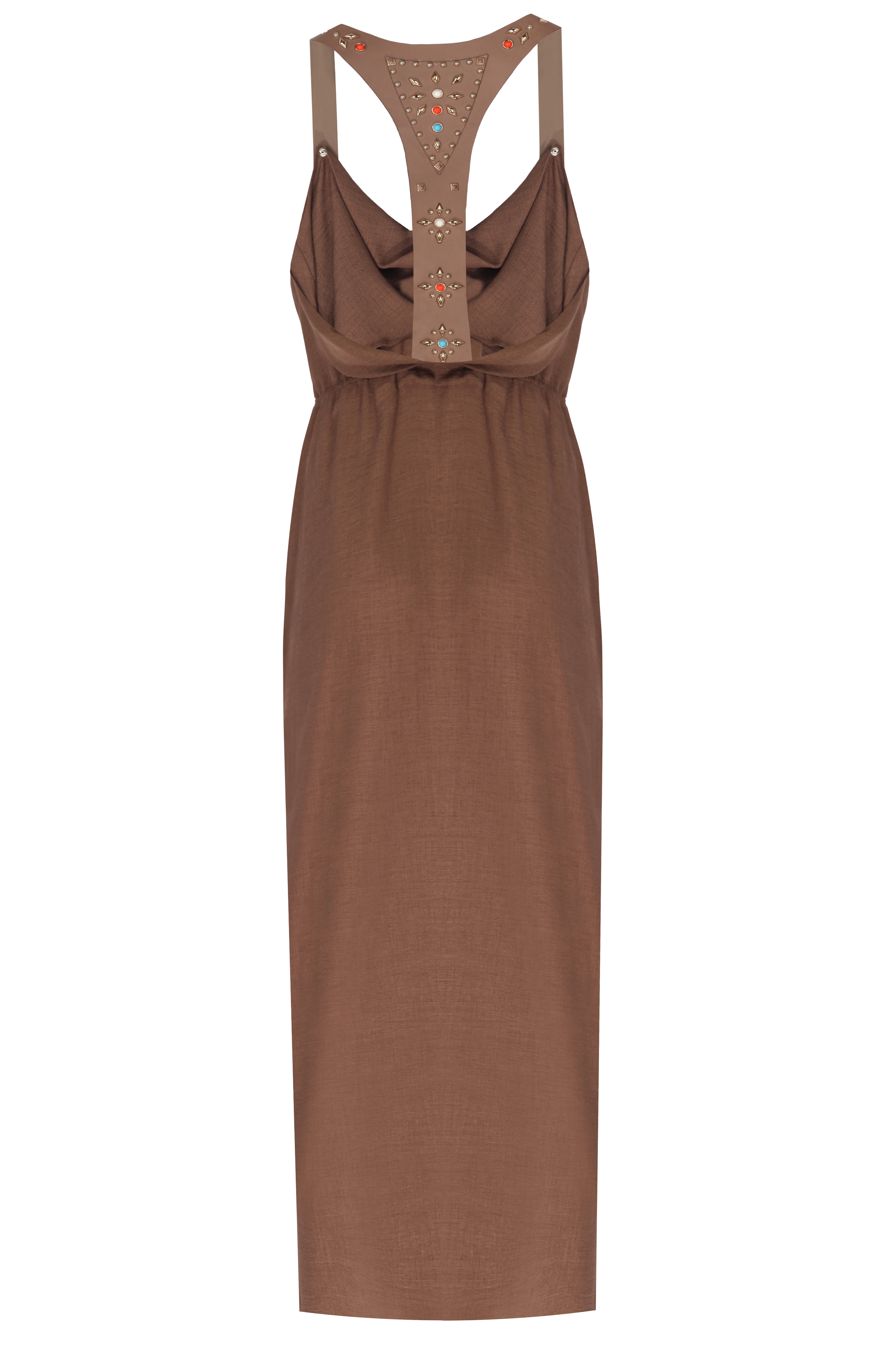 Trok İşlemeli Deri Askılı Maxi Elbise