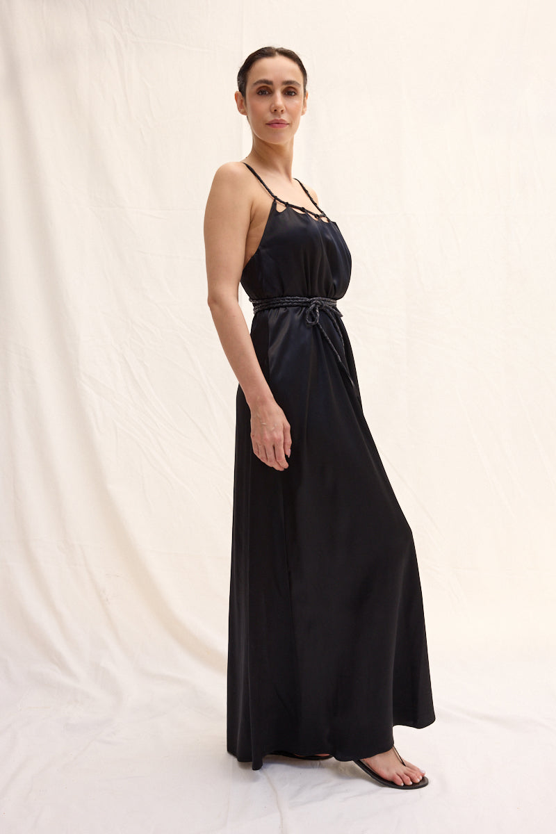 El Örgüsü Deri Askılı Maxi Elbise