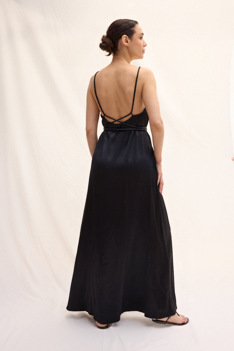 El Örgüsü Deri Askılı Maxi Elbise