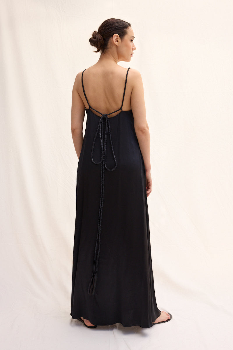 El Örgüsü Deri Askılı Maxi Elbise
