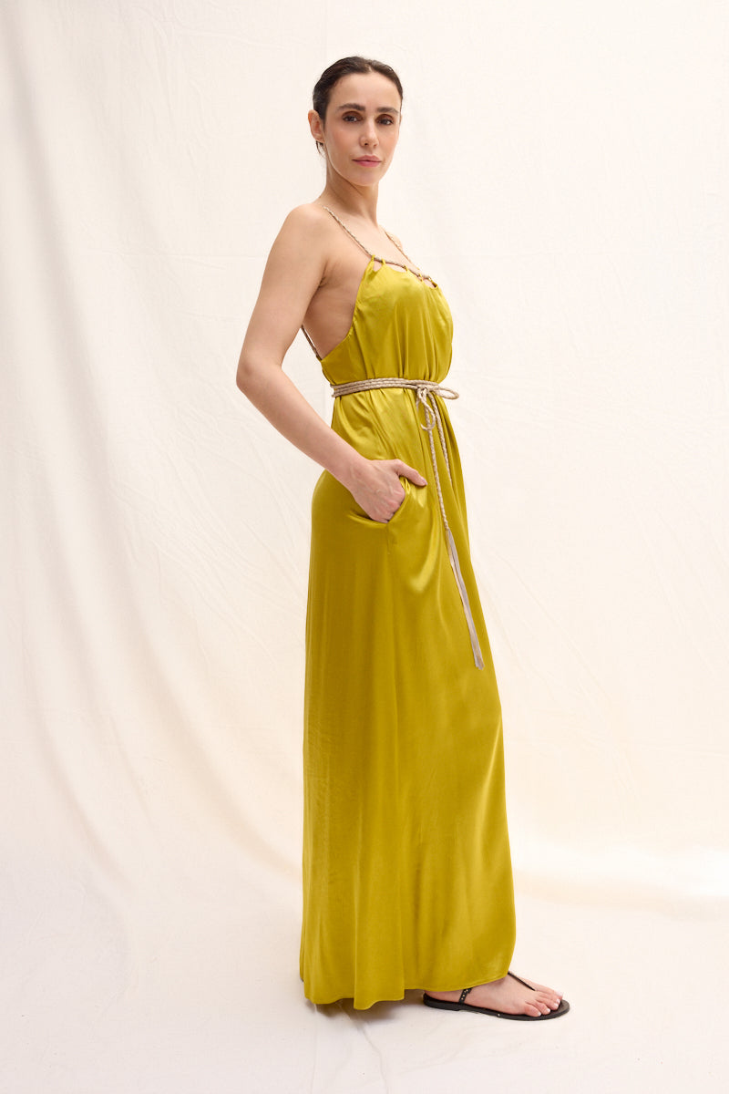 El Örgüsü Deri Askılı Maxi Elbise