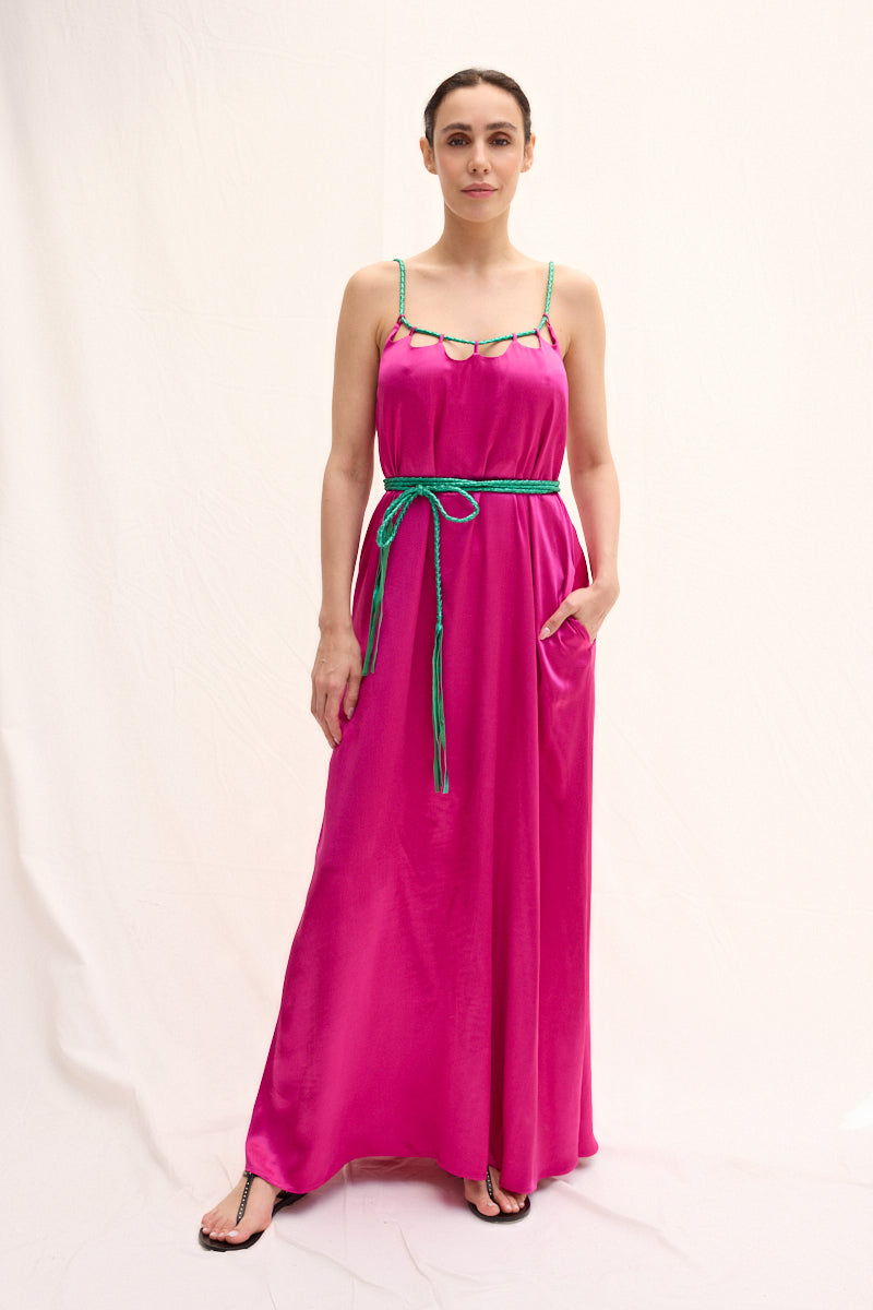 El Örgüsü Deri Askılı Maxi Elbise