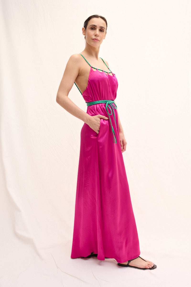 El Örgüsü Deri Askılı Maxi Elbise