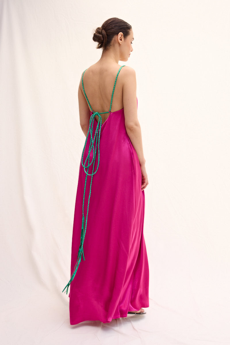 El Örgüsü Deri Askılı Maxi Elbise