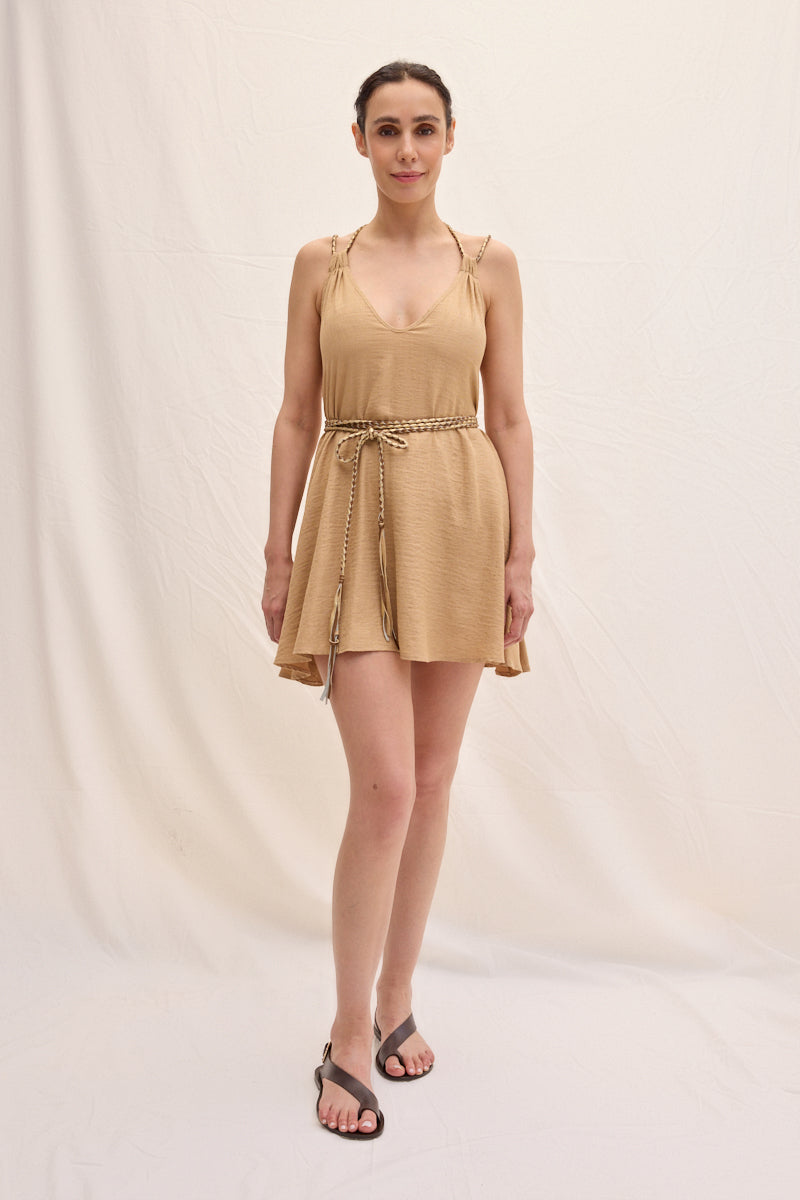 Hand Knitted Leather Strap Short Dress