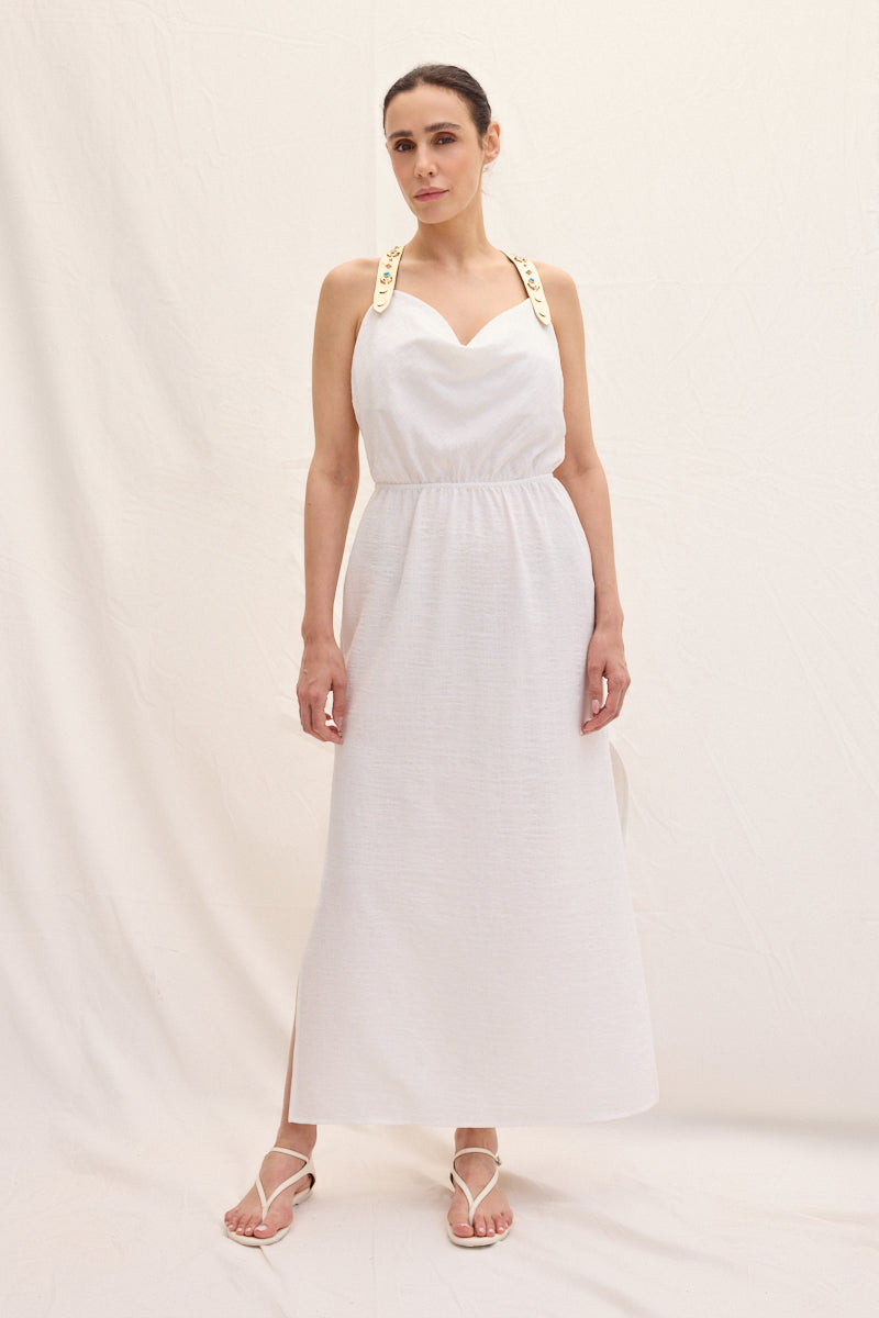 Trok İşlemeli Deri Askılı Maxi Elbise