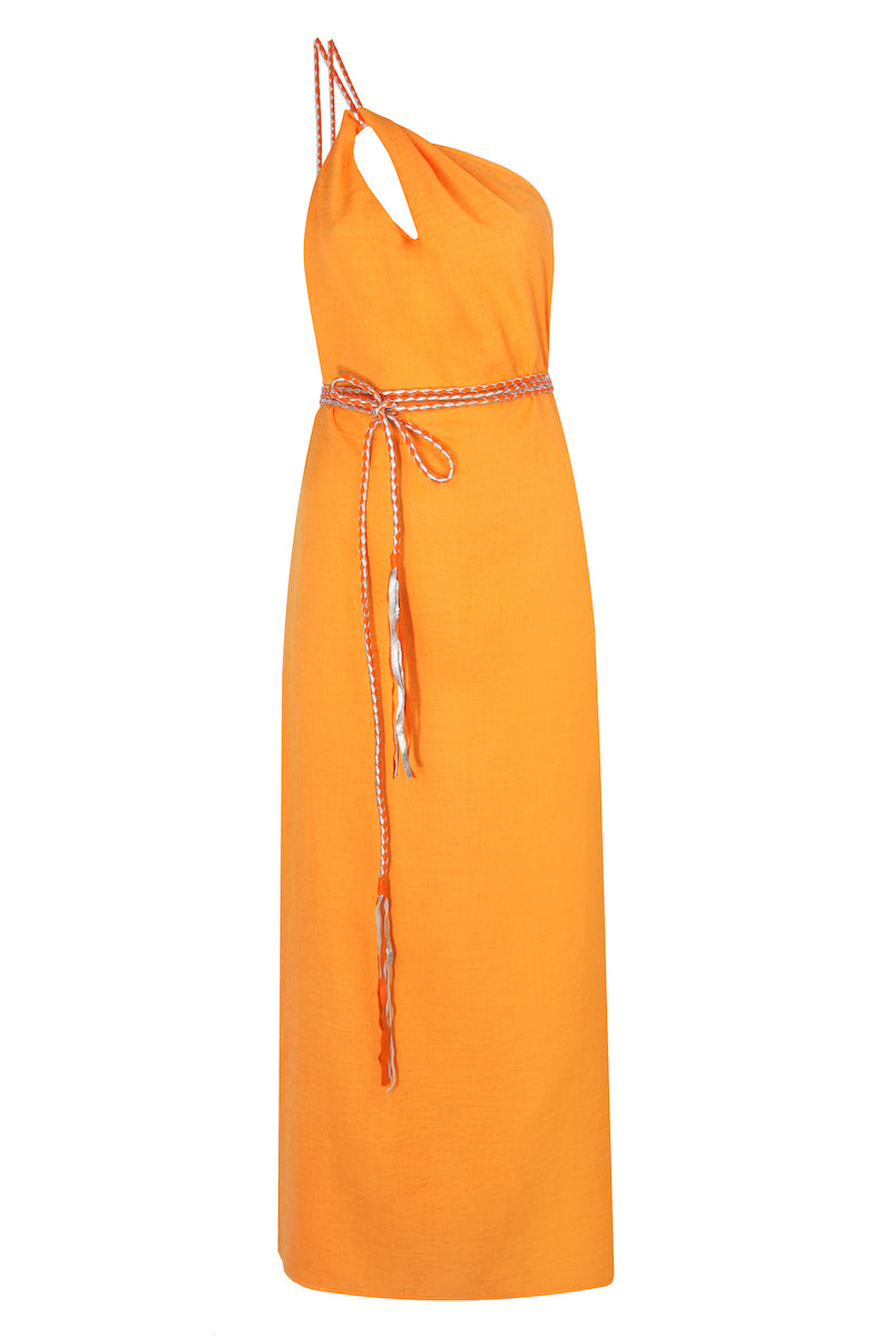 Tek Omuz El Örgüsü Deri Askılı Maxi Elbise