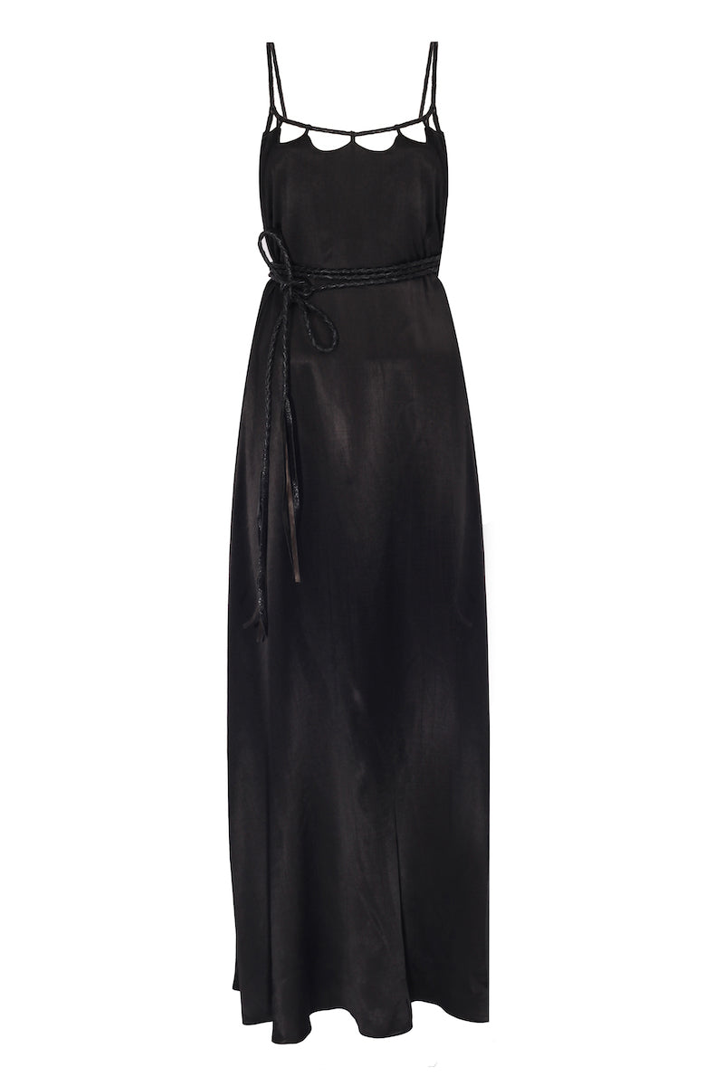 El Örgüsü Deri Askılı Maxi Elbise